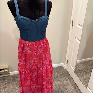 Floral Denim and Red Maxi Dress